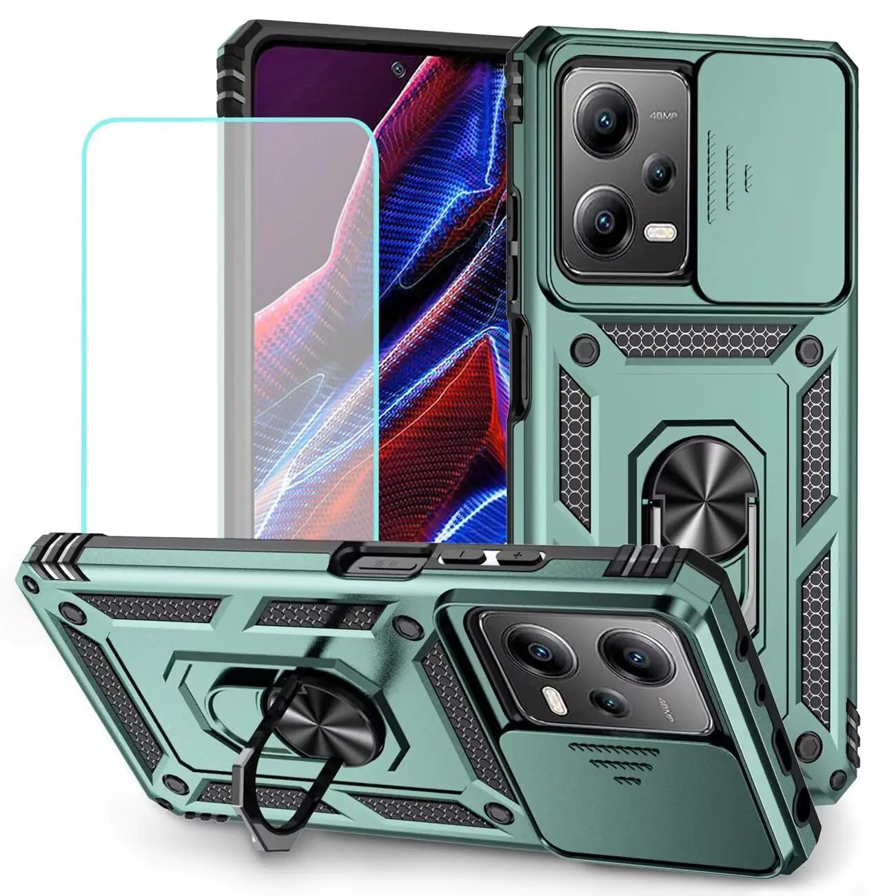 Vokuha Case for Redmi Note 12 Pro Case Poco X5 Pro 22101320G with Tempered Glass Screen Protector and Slide Camera Cover 360°Rotate Ring Stand Magnetic Cover for Xiaomi Redmi Note 12 Pro 5G Green